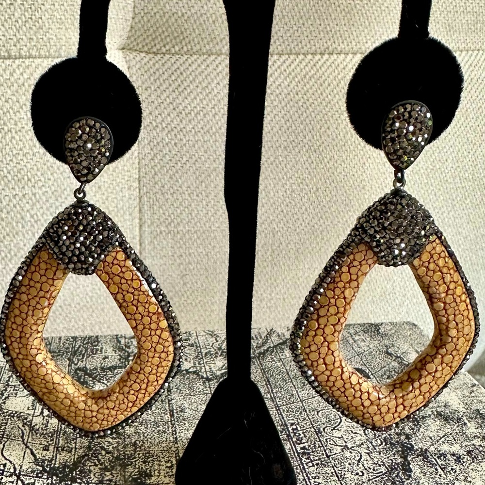 Tan Caviar Leather Earrings and Marcasite Stones, NWT
